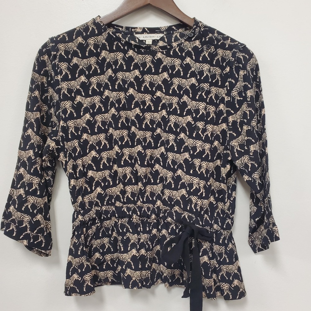 & Other Stories Womens Tie Front Cinch Waist Zebra Top Size 6 Black White Safari